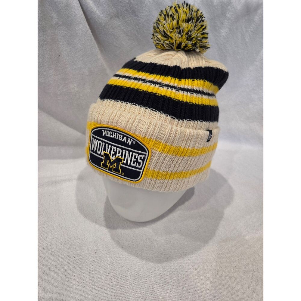 '47 Brand Michigan Wolverines Hone Patch Cuffed Knit Hat Pom Beanie Cream Navy